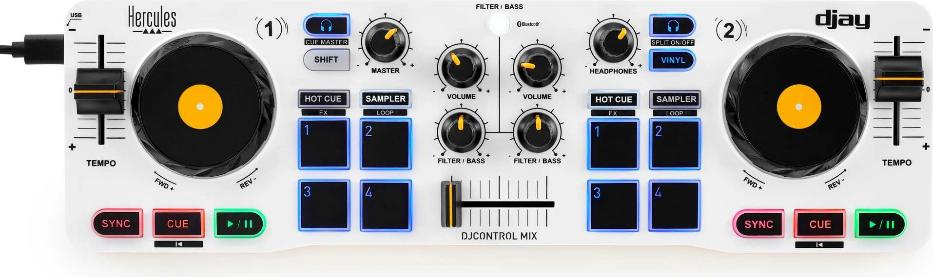 DJ kontroler Hercules DJControl Mix, USB, Bluetooth, bel/črn/rumen