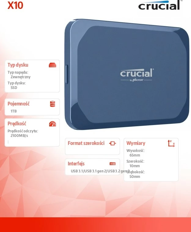 Zunanji SSD Crucial X10, 1TB, USB-C, moder