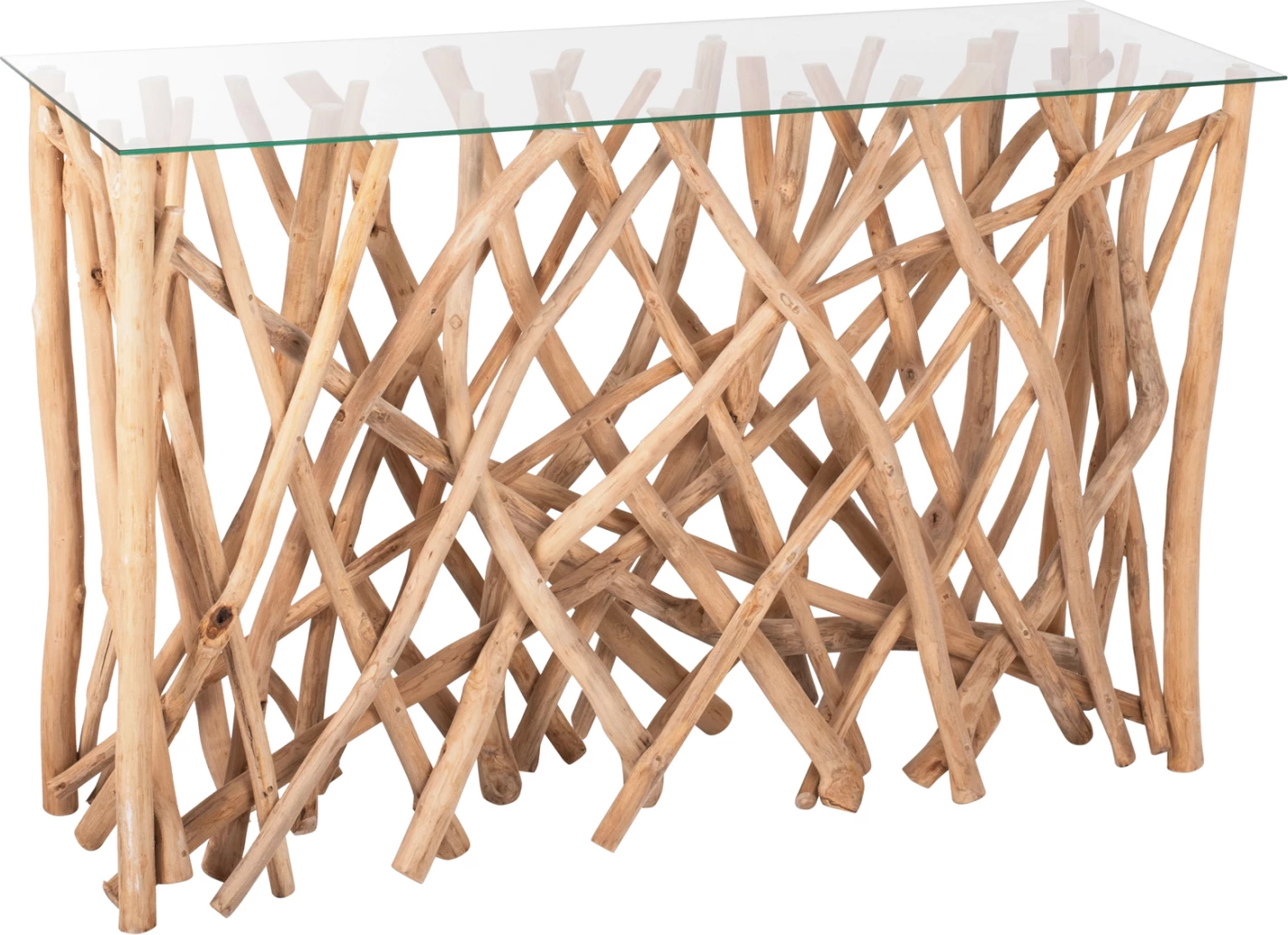 Konzola v rustikalnem stilu iz masivnih vej TEAK naravne barve in stekla 120x35x75H cm