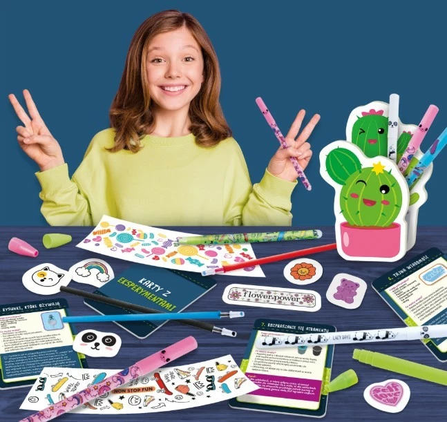 Set za ustvarjanje svinčnikov, Lisciani I'm A Genius, 304-PL107988, znanstveni komplet 7+, z nalepkami in stojalom v obliki kaktusa