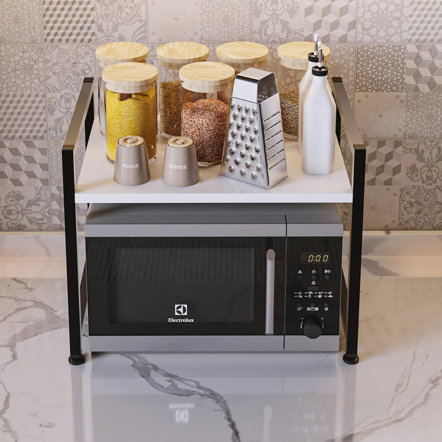 Kuhinjska organizacijska polica BECKO FH18219.01 melamin v beli-črni kovini 53x35x41Hcm