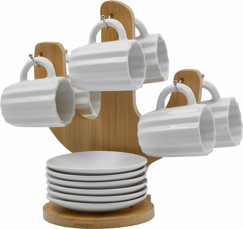 Set skodelic za espresso, 6 kosov, belo porcelan, naravni bambus, 17x12x22, Cactus