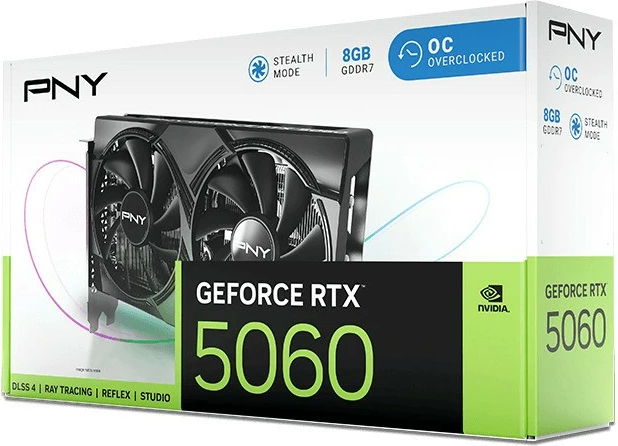 Grafična kartica PNY GeForce RTX 5060 OC, 8 GB DDR7, PCIe x8, 2 ventilatorja, črna