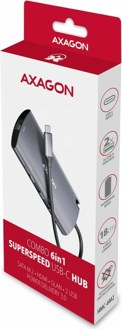 Multifunkcionalen hub 6‑v‑1 AXAGON HMC-6M2, USB-C 3.2 Gen 1, režo M.2 SATA, HDMI, GLAN, 2x USB-A, PD 100W, siva