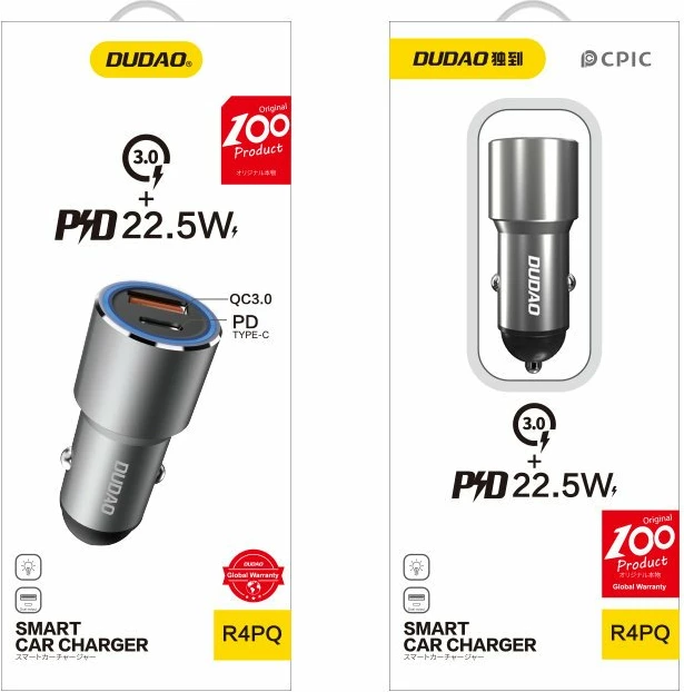 Polnilec za avto Dudao R4PQ, 22.5W, 2 vrata USB-A/USB-C, siv