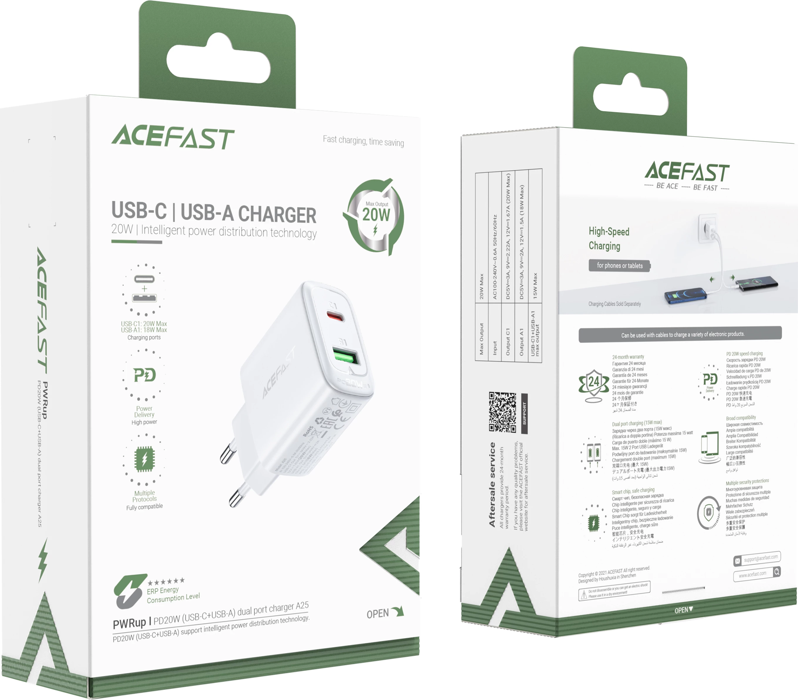 Hitro polnjenje Acefast A25, 20W, USB-C/USB-A, bel