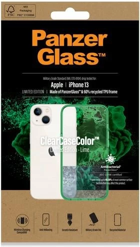 Zaščitni ovitek ClearCase, PanzerGlass za iPhone 13/14/15, prozoren z zelenim robom, antibakterijski, Military Grade