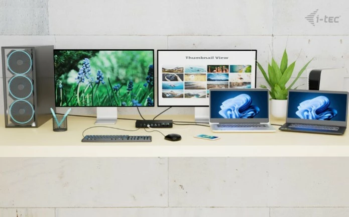 KVM docking postaja USB-C PRO, i-tec C31KVMDOCKPDPRO, 3 gostitelji, 2 video izhoda, Power Delivery do 92W, črna