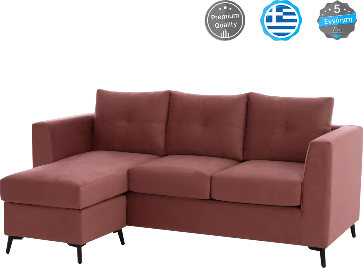 Kotna sedežna garnitura ΡONZA, prašno roza, visoke noge, 2 kosa, reverzibilna, tkanina, odporna na madeže in vodo