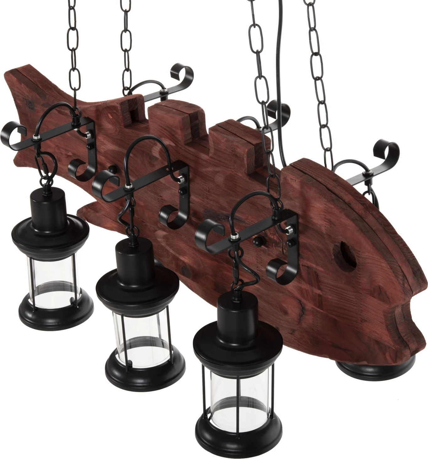 Stropna viseča svetilka s 6 lučmi FH4118 lesena riba-črna kovina-steklo 95x35x116H cm
