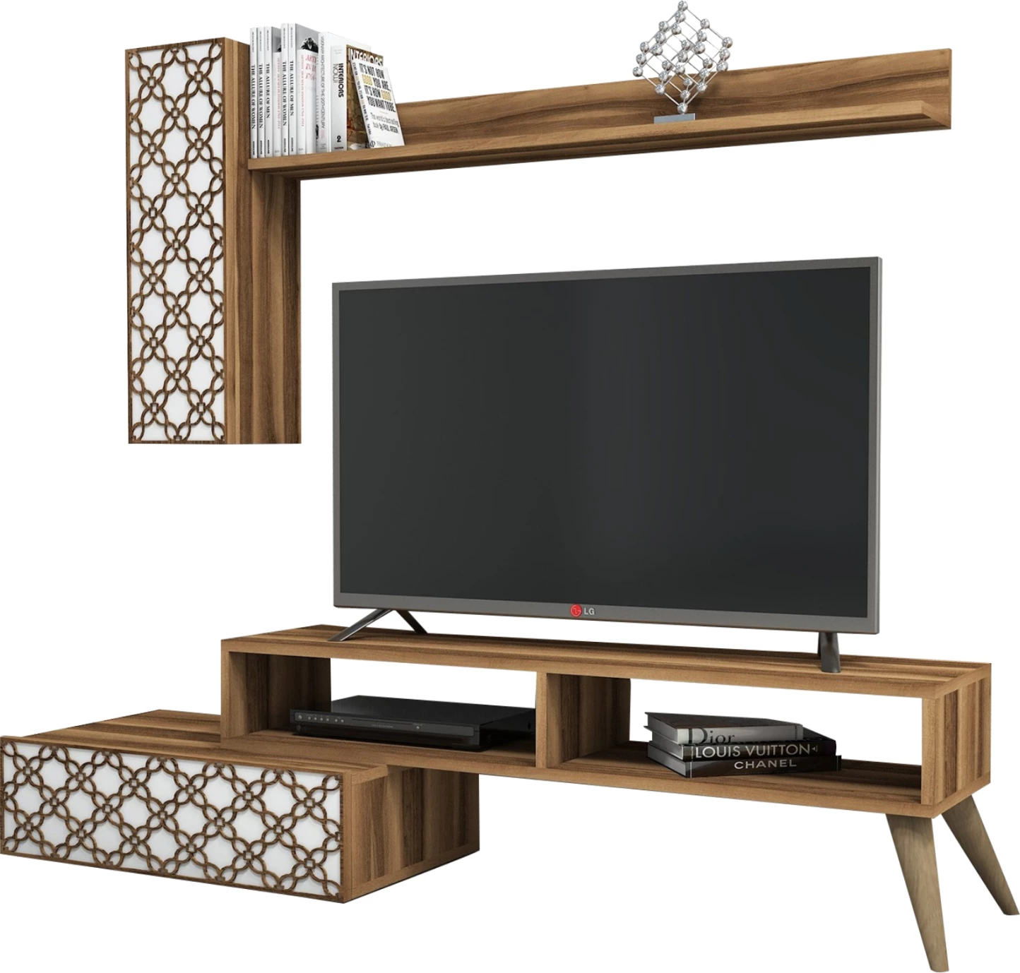 Komplet pohištva za TV FH9518.04 iz melamina v barvi oreha in bele barve 150x37.2x37.8Hcm
