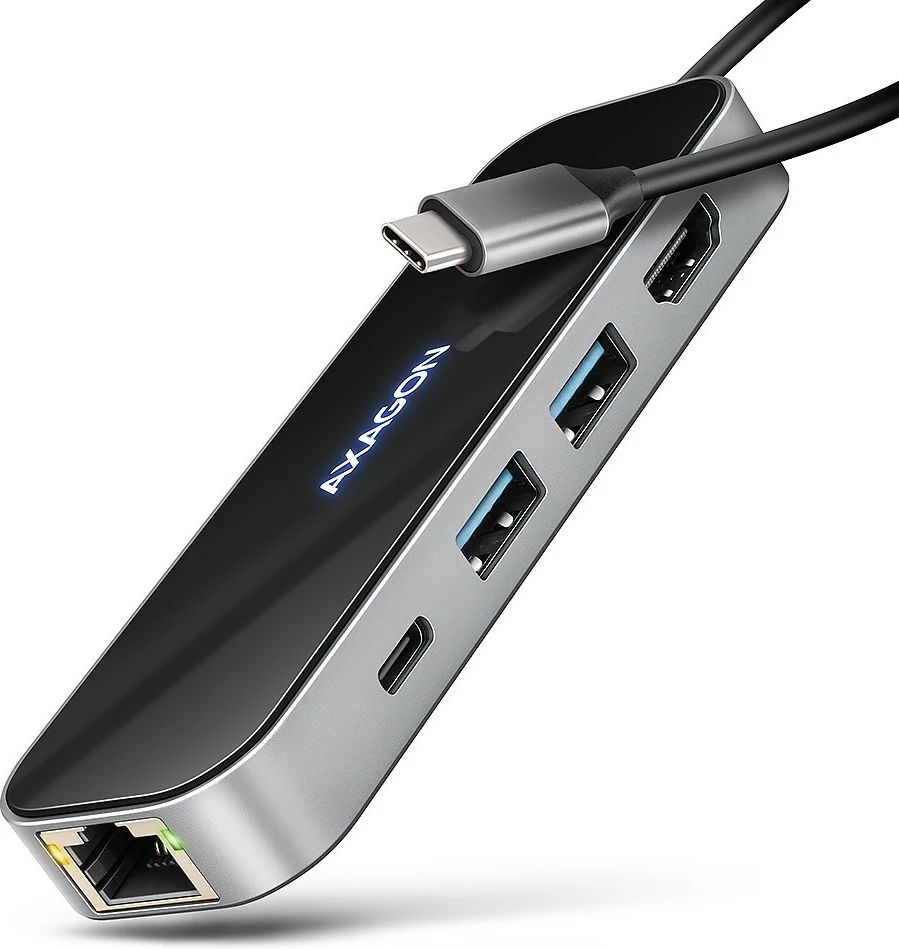 Multiportni USB-C hub 6-v-1, 5Gbps, 2x USB-A, 1x USB-C, GLAN, HDMI 4K/60Hz, PD 100W, 20 cm, črn/srebrn — AXAGON HMC-6GLN