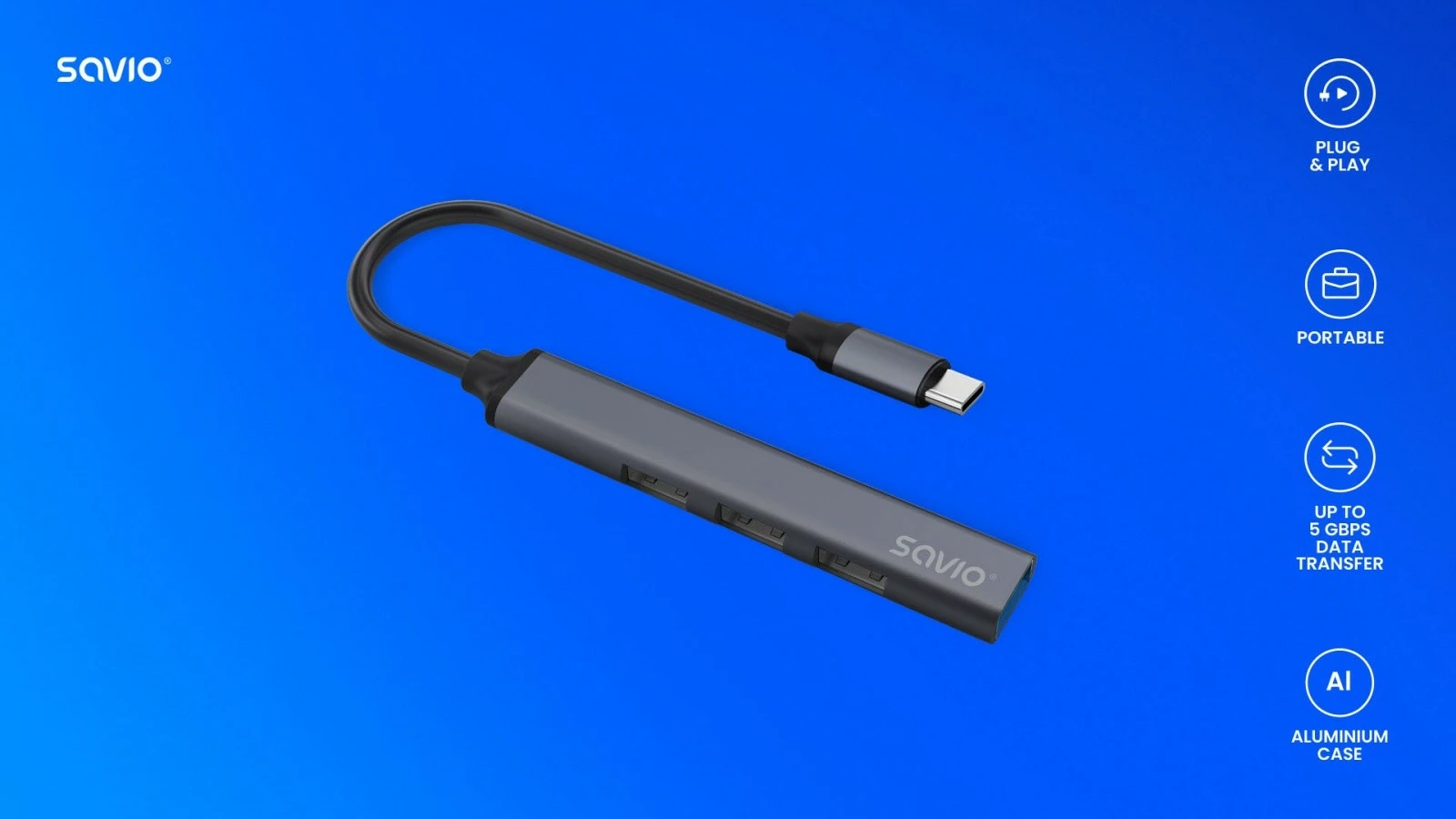 USB-C razdelilec Savio AK-71, 4 vrata (3x USB-A 2.0, 1x USB-A 3.1 Gen 1), siv