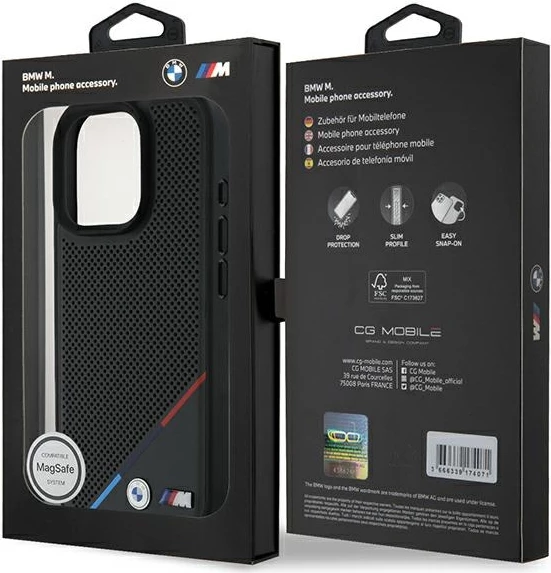 Perforiran ovitek za telefon Tricolor Line BMW M, MagSafe, za iPhone 16 Pro, črn
