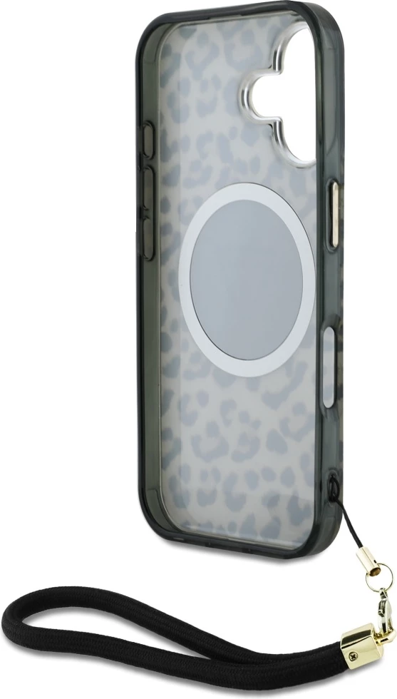 Ovitek za telefon z leopardjim vzorcem in trakom za nošenje, MagSafe, iPhone 16 — Guess HC IML, rjav
