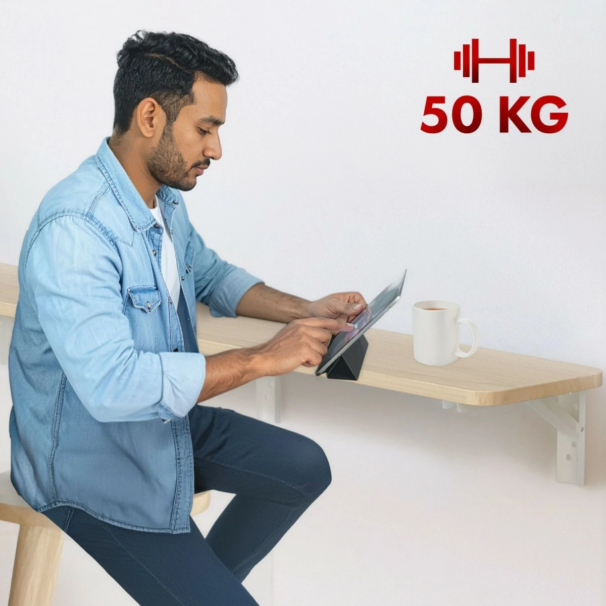 Zložljiva stenska polica, 100 x 20 cm, nosilnost 50 kg, les/bela, Maclean MC-129 WD