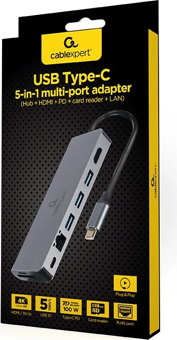 Večportni USB adapter Gembird A-CM-COMBO5-05, 5x priključkov, Type-C, siv