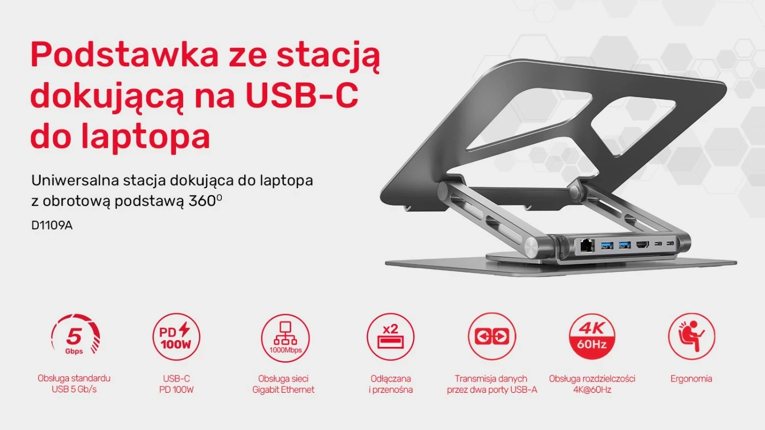 Stojalo za prenosnik Unitek USB-C HDMI 4K PD 100W, srebrno