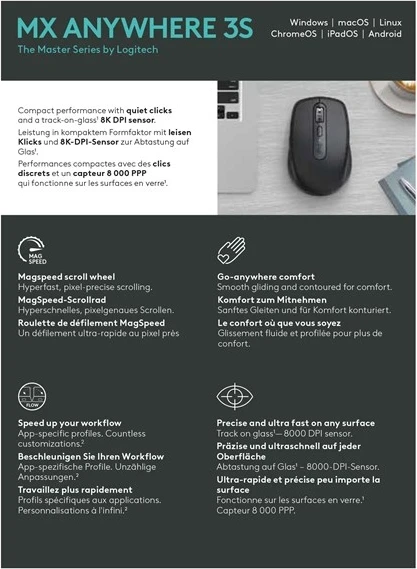 Brezžični miš RF + Bluetooth, 8000 DPI, Logitech MX Anywhere 3S