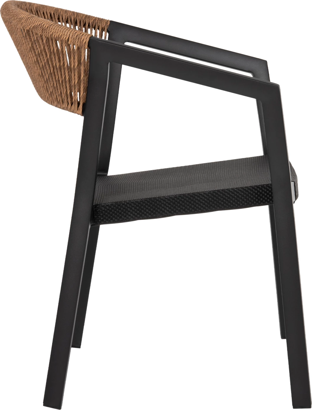 Stol iz aluminija FH5891.05 črni okvir in tekstilna tkanina - naslon iz bež ratana 57,5x59x81,5Hcm