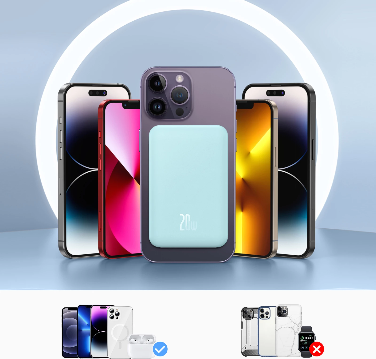 Prenosna baterija 5000 mAh, 20 W, USB-C, modra, z napajalnim kablom Baseus Magnetic Mini