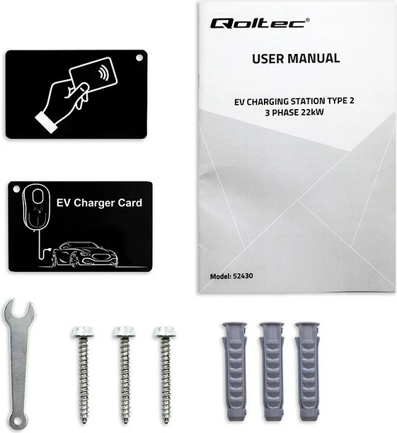Stacion za polnjenje električnih vozil, Qoltec 52430, Type 2, 22 kW, 3-fazni, Wi‑Fi, LCD, RFID, 5 m, črno/zelena
