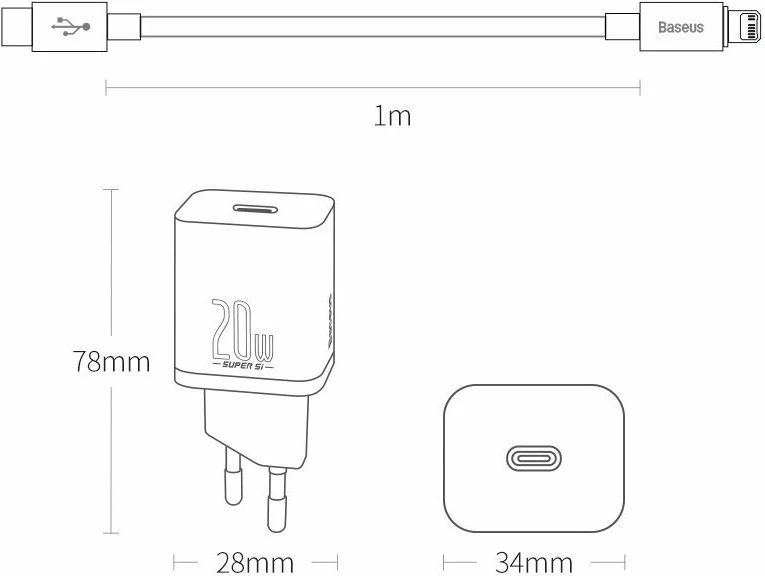 Hitri polnilec Baseus Super Si 1C, 20W, USB-C na Lightning 1 m, bel