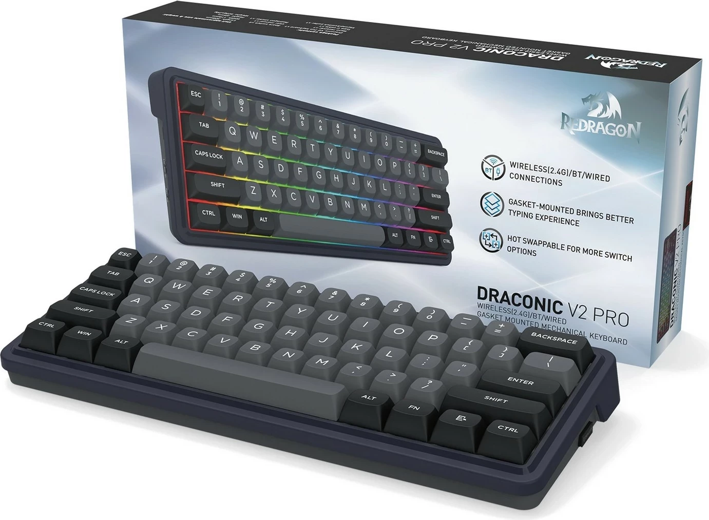 Mehanična tipkovnica Redragon Draconic V2 K730GB-RGB-PRO, 61 tipk, RGB, brezžična/žična, črna