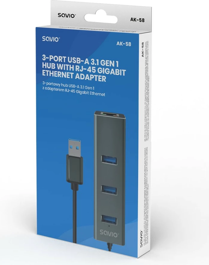 Adapter z 3 vrati USB-A 3.1 Gen 1 in RJ-45 Gigabit Ethernet, Savio AK-58, temno siv