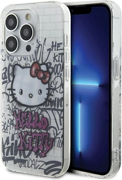 Ovitek za telefon z motivom Hello Kitty IML 'Kitty On Bricks' (graffiti) za iPhone 15 Pro Max, bel