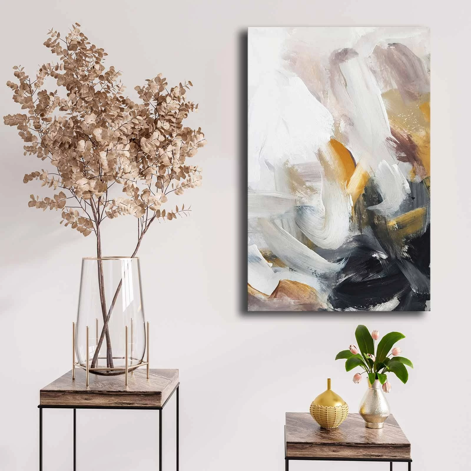 Dekorativna slika na platnu, barve camel, rdeča damson, bela, črna, 45x70 cm, 4570NISC-009