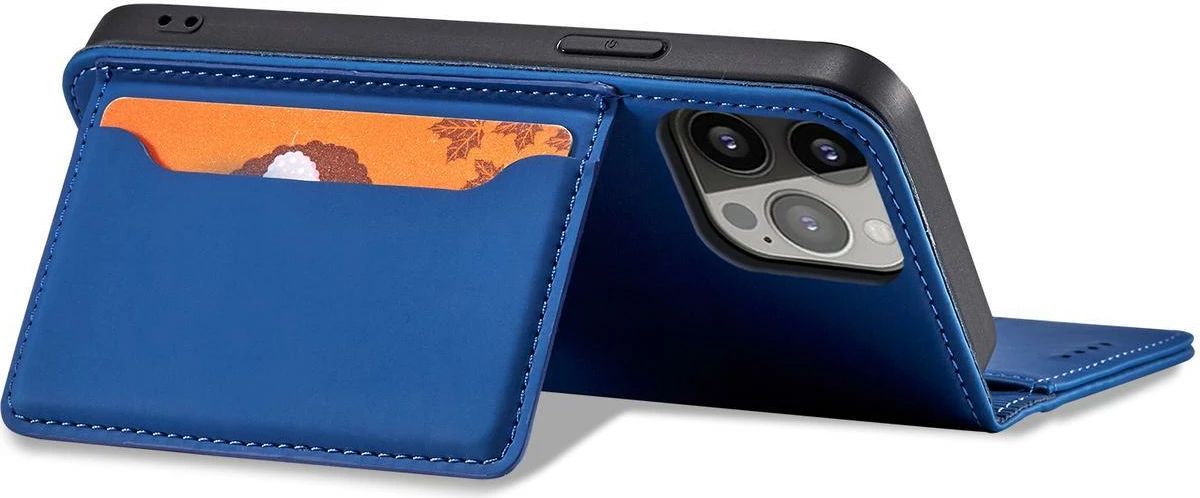 Ovitek za telefon Hurtel Magnet Card Case za iPhone 14, z ovitkom, žepi za kartice in držalom, moder