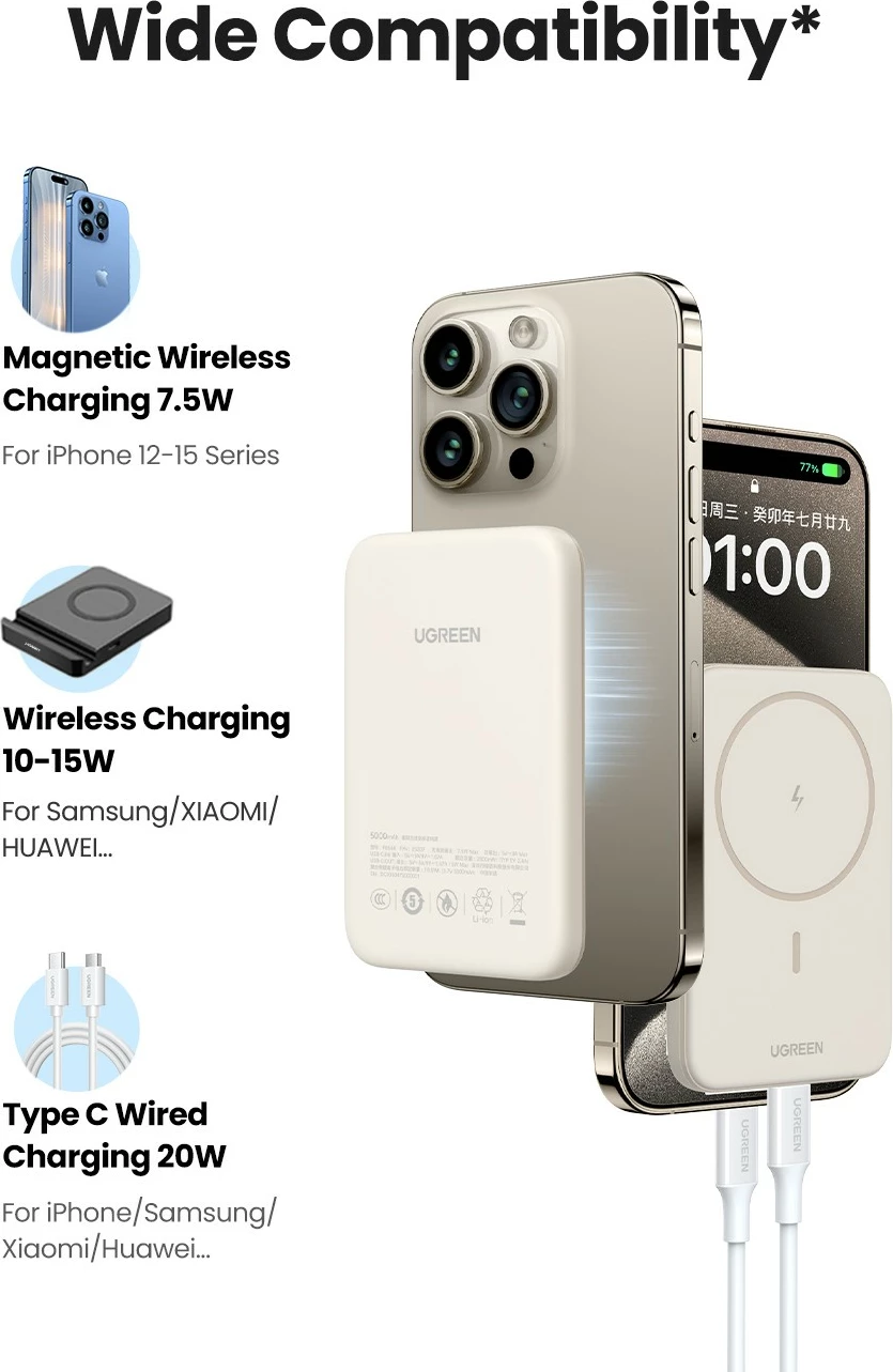 Brezžični polnilnik (powerbank) Ugreen 25208, 10000 mAh, Power Delivery 3.0, bež