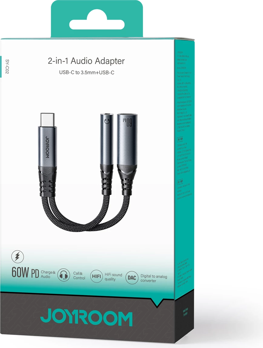 Adapter 2‑v‑1 USB‑C na USB‑C/3,5 mm mini priključek, Joyroom SY‑C02, črn