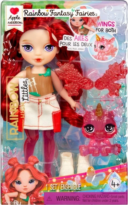 Kreativna lutka Rainbow High Littles Apple Red z odstranljivimi krili in hišnim ljubljenčkom, 15,24 cm