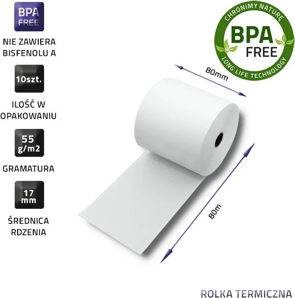 Termični zvitek Qoltec 51892, 80 x 80 | 55 g/m2 | 10 kosov | Brez BPA