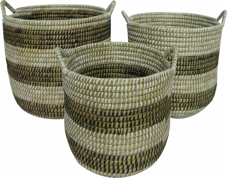 Set dekorativnih košar, 3 kosi, 42x42x40, naravna slama, beli PVC, črn, KAIA