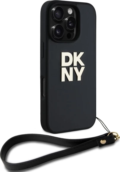 Ovitek za telefon z zapestnim trakom in logotipom DKNY za iPhone 16 Pro, črn
