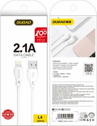 Lightning kabel, 2 m, 2,1 A, bel, Dudao L4L