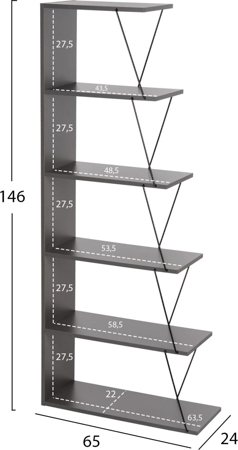 Mini knjižna omara TARS FH2241.20 siva melamin-črne kovinske palice 65x22-24x146Hcm