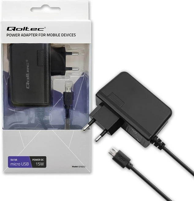 Polnilec z micro USB, 15 W (5V, 3A), Qoltec, črn