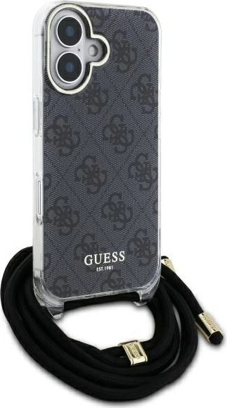 Elegantna zaščitna prevleka z crossbody trakom Guess Crossbody Cord 4G Print za iPhone 16 Pro Max, črna