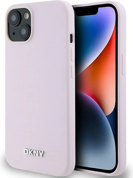 Ovitek iz tekočega silikona z majhnim kovinskim logotipom DKNY MagSafe za iPhone 14/15/13, rožnat