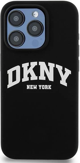 Ovitek za telefon iz tekočega silikona DKNY, MagSafe, za iPhone 15 Pro, črn z belim logotipom