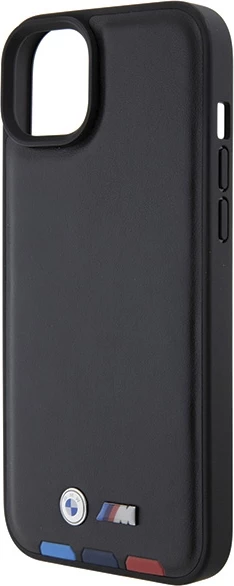 Ovitek za telefon iPhone 15 Plus 6,7", usnjen Leather Stamp Tricolor, BMW BMHCP15M22PTDK, črn