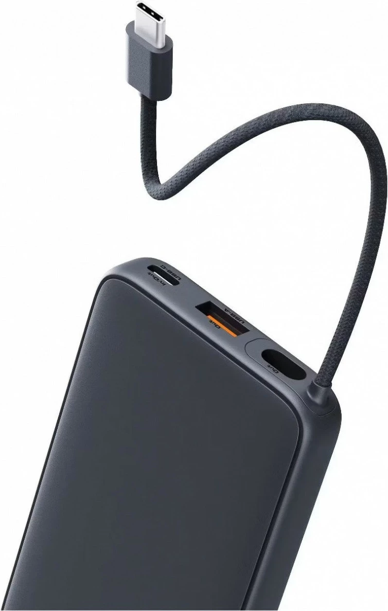 Power bank 10000 mAh, 22.5W, 4×USB, z vgrajenim kablom USB-C, AUKEY Spark Sling PB-Y53P, črn