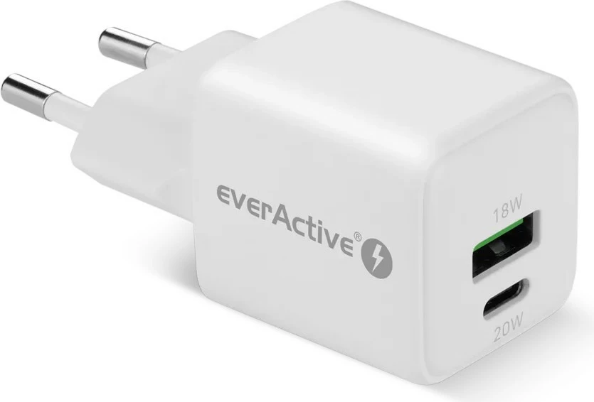 Polnilec GaN, 20 W, 1x USB, 1x USB-C, bel, everActive SC-330Q
