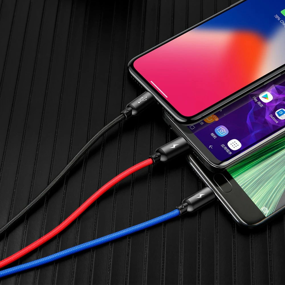 Kabel 3-v-1 v treh osnovnih barvah, Baseus Three Primary Colors CAMLT-BSY01, 1,2 m, USB-A na micro USB/Lightning/USB-C, črn/rdeč/moder