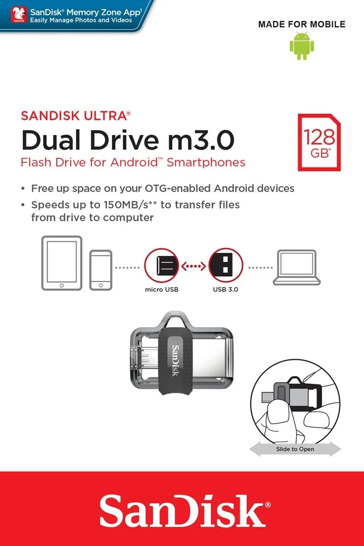 USB pogon Sandisk Ultra Dual, m3.0, 128 GB, črn / srebrn / prozoren
