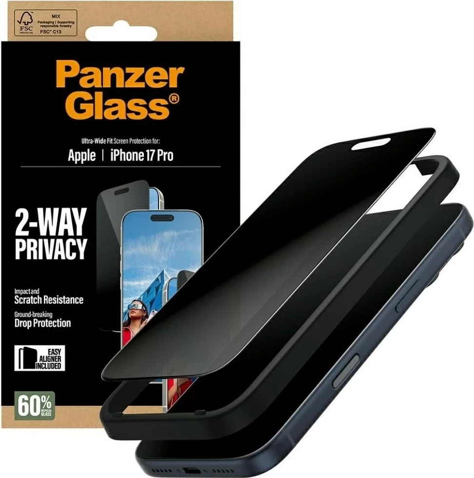 Zaščitno steklo za zasebnost, PanzerGlass Ultra-Wide Fit EasyAligner za iPhone 17 Pro, črn